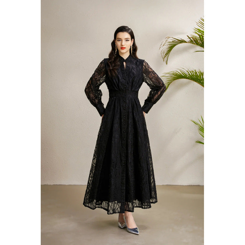 Embroidered V-Neck Lantern Sleeve Dress