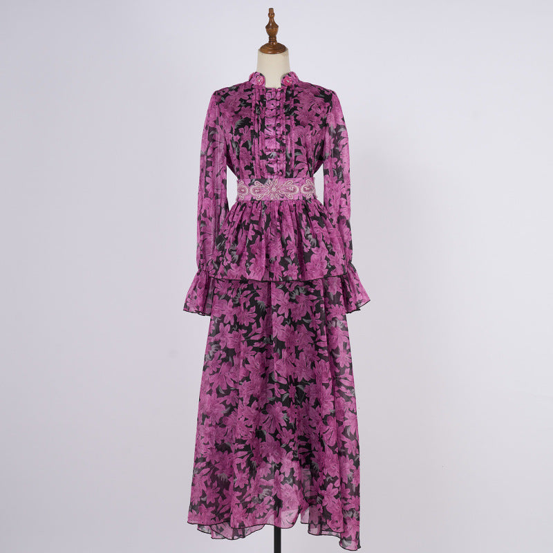 Embroidered Button Waist Maxi Dress