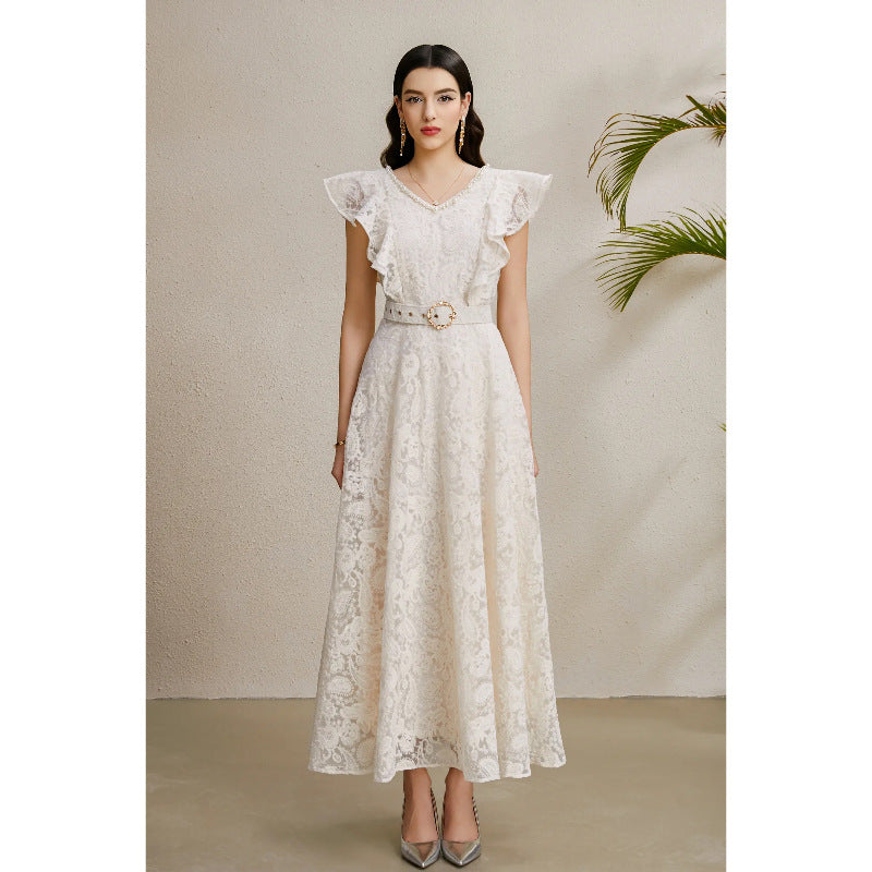 Beaded V-Neck Flutter Sleeve Maxi Dress