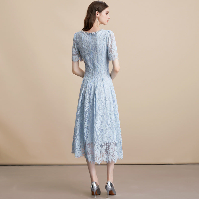 Pearl Embellished Sky Blue Lace Dress