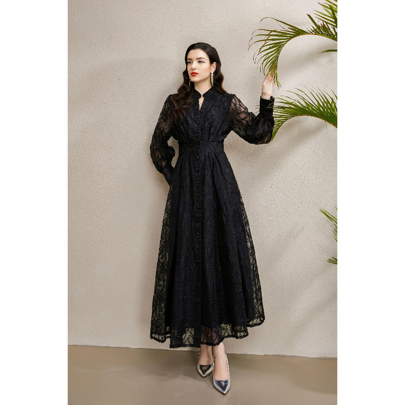 Embroidered V-Neck Lantern Sleeve Dress