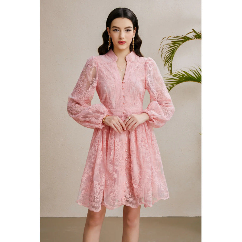 Embroidered V-Neck Lantern Sleeve Dress