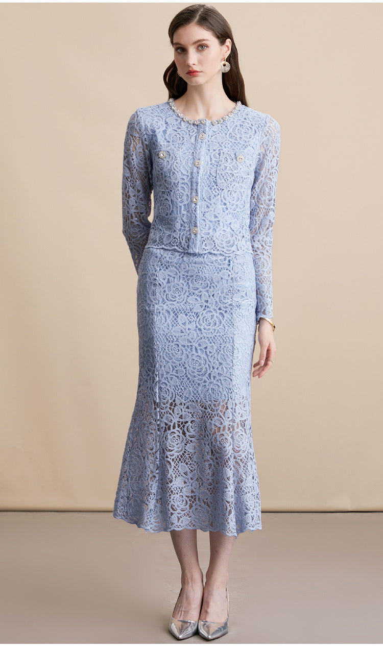 French Rhinestone Lace Skirt Set