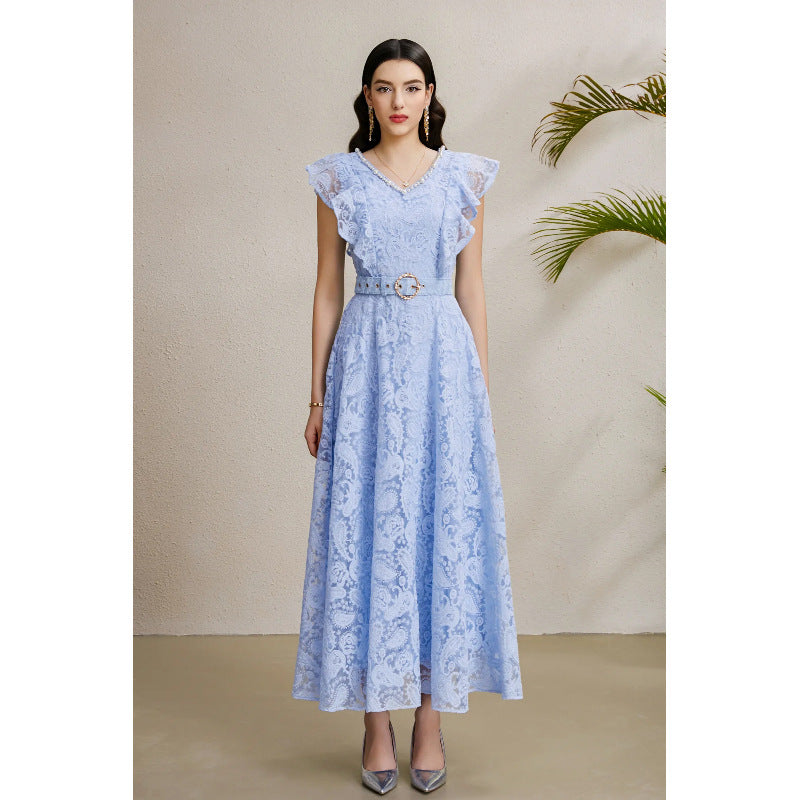 Beaded V-Neck Flutter Sleeve Maxi Dress