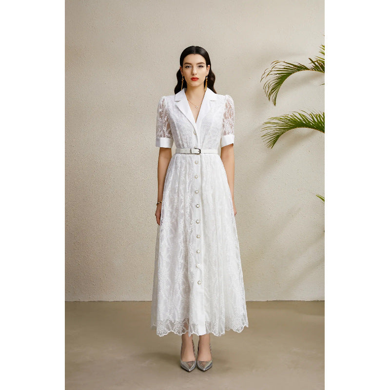 Embroidered Lapel Lantern Sleeve Dress
