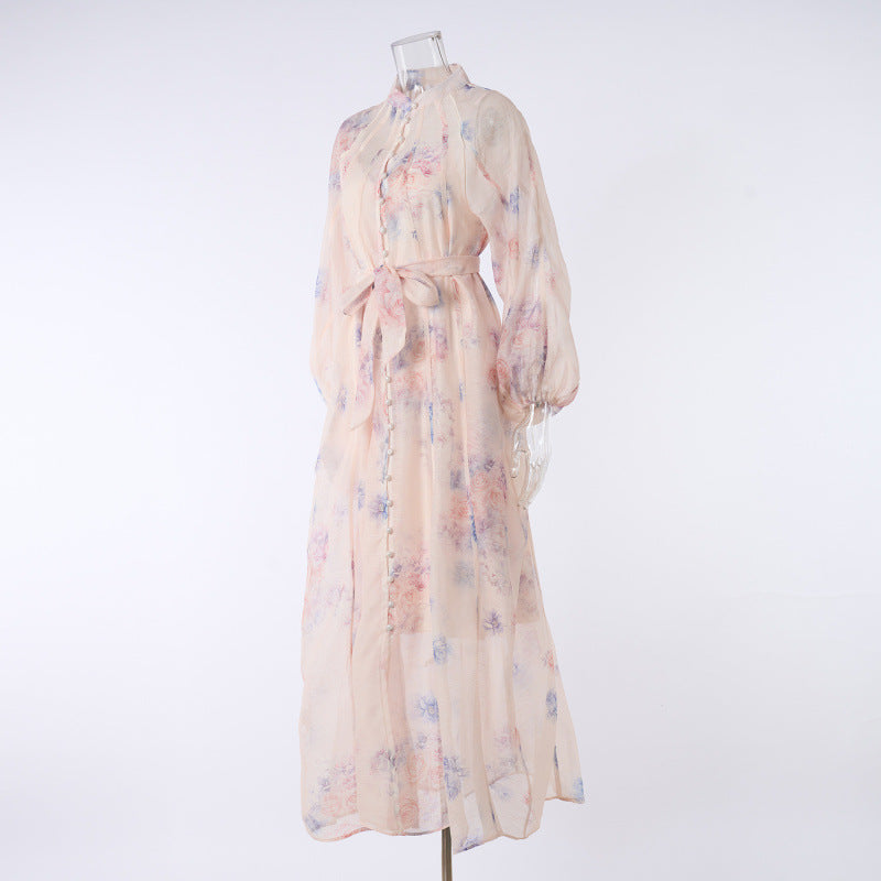 Sheer Floral Belted Maxi Dress