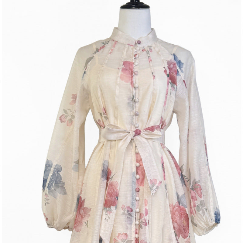 French Floral Stand Collar Dress