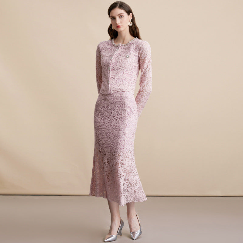 French Rhinestone Lace Skirt Set