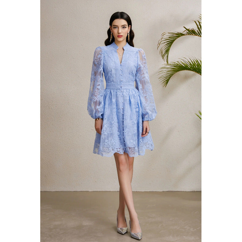 Embroidered V-Neck Lantern Sleeve Dress