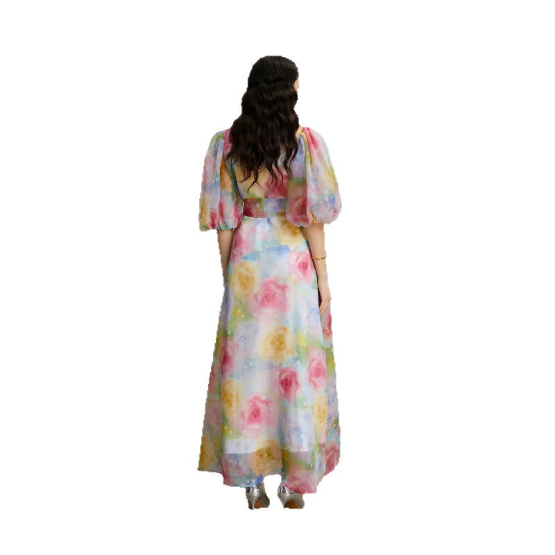 3D Floral Puff Sleeve Maxi Dress