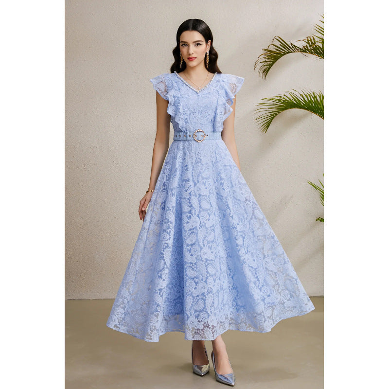 Beaded V-Neck Flutter Sleeve Maxi Dress
