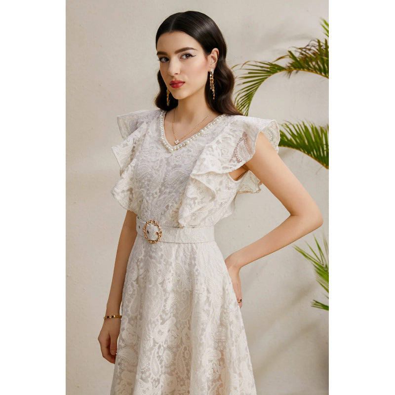 Beaded V-Neck Flutter Sleeve Maxi Dress