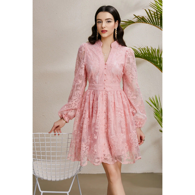 Embroidered V-Neck Lantern Sleeve Dress