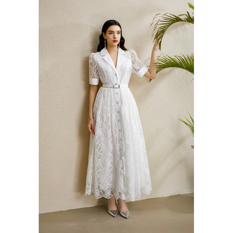Embroidered Lapel Lantern Sleeve Dress