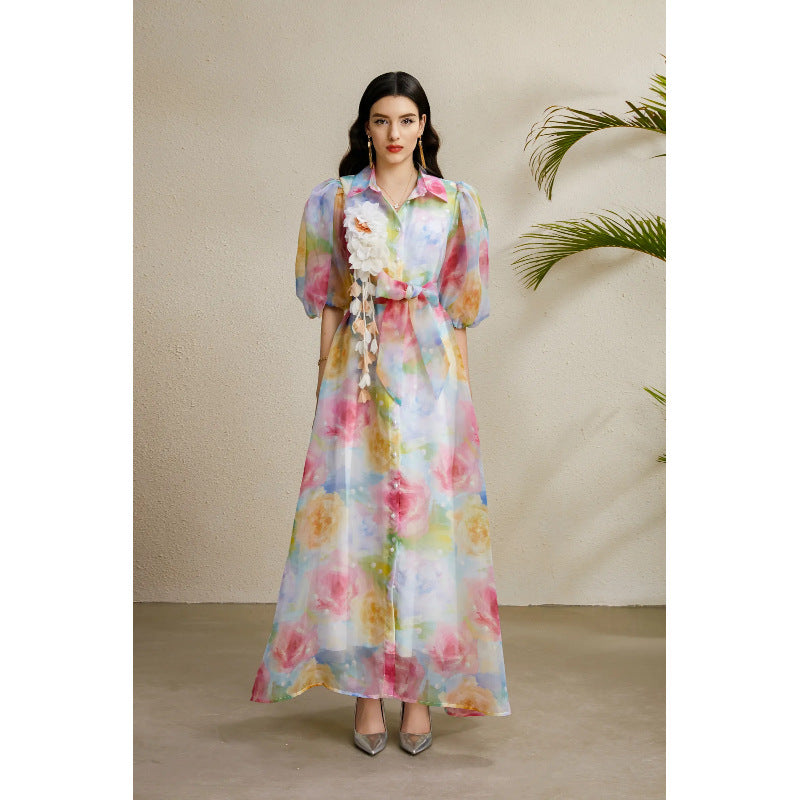 3D Floral Puff Sleeve Maxi Dress