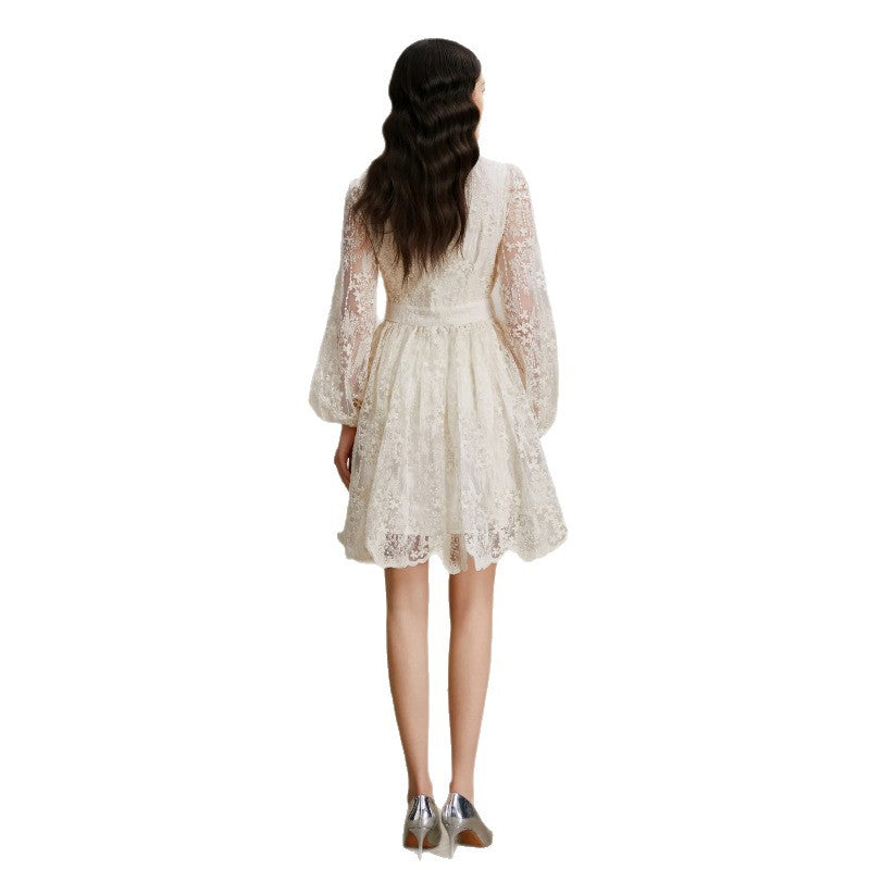 Embroidered V-Neck Lantern Sleeve Dress