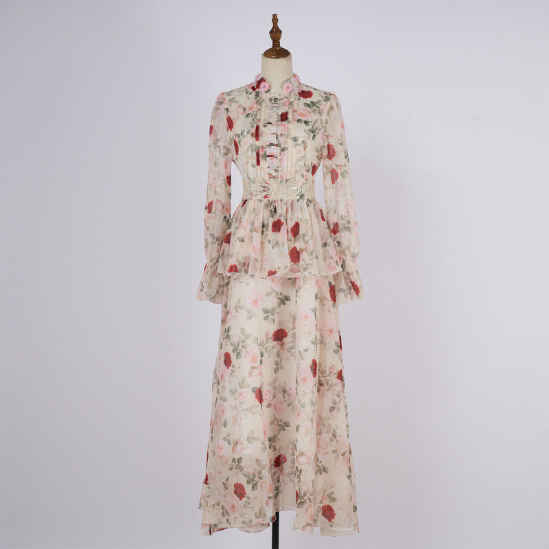 Embroidered Button Waist Maxi Dress
