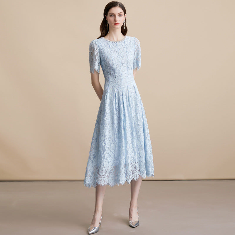 Pearl Embellished Sky Blue Lace Dress