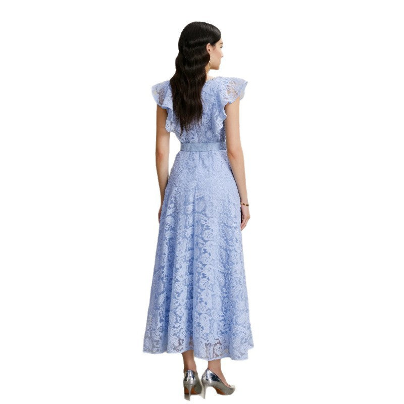 Beaded V-Neck Flutter Sleeve Maxi Dress