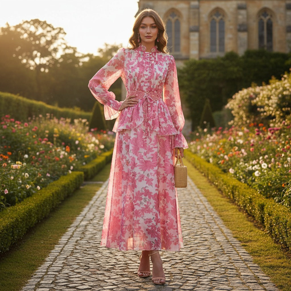 Embroidered Button Waist Maxi Dress
