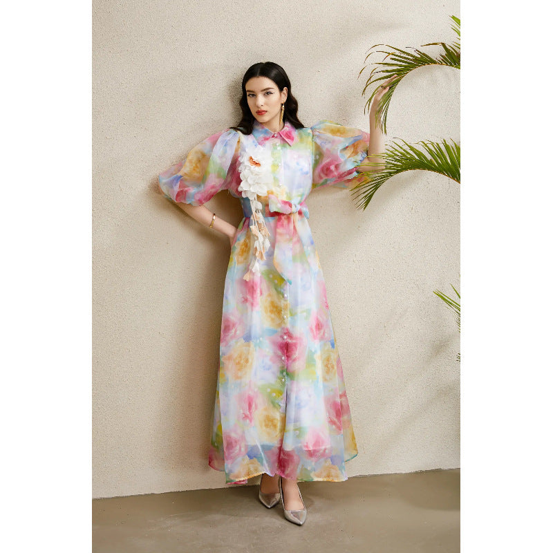 3D Floral Puff Sleeve Maxi Dress