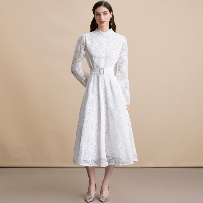 Lace Embroidered Belted Midi Dress