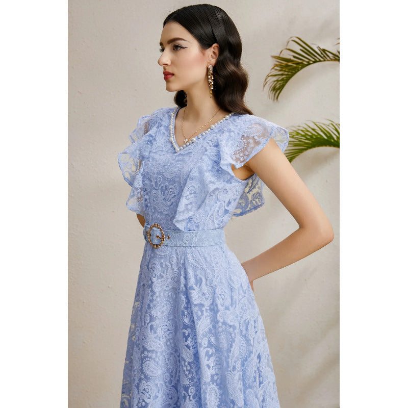 Beaded V-Neck Flutter Sleeve Maxi Dress