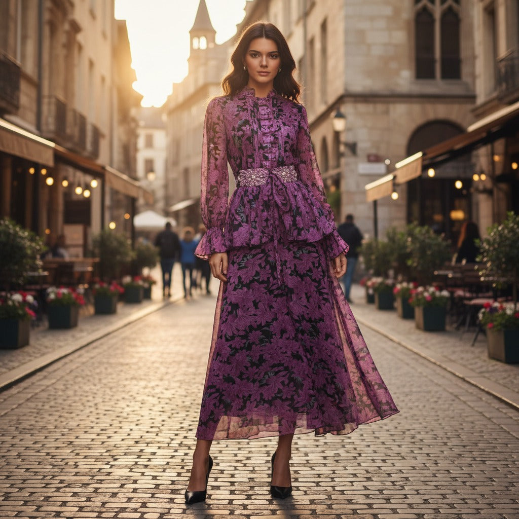 Embroidered Button Waist Maxi Dress