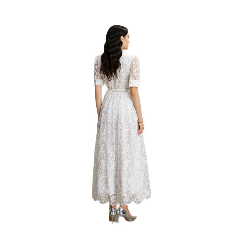 Embroidered Lapel Lantern Sleeve Dress