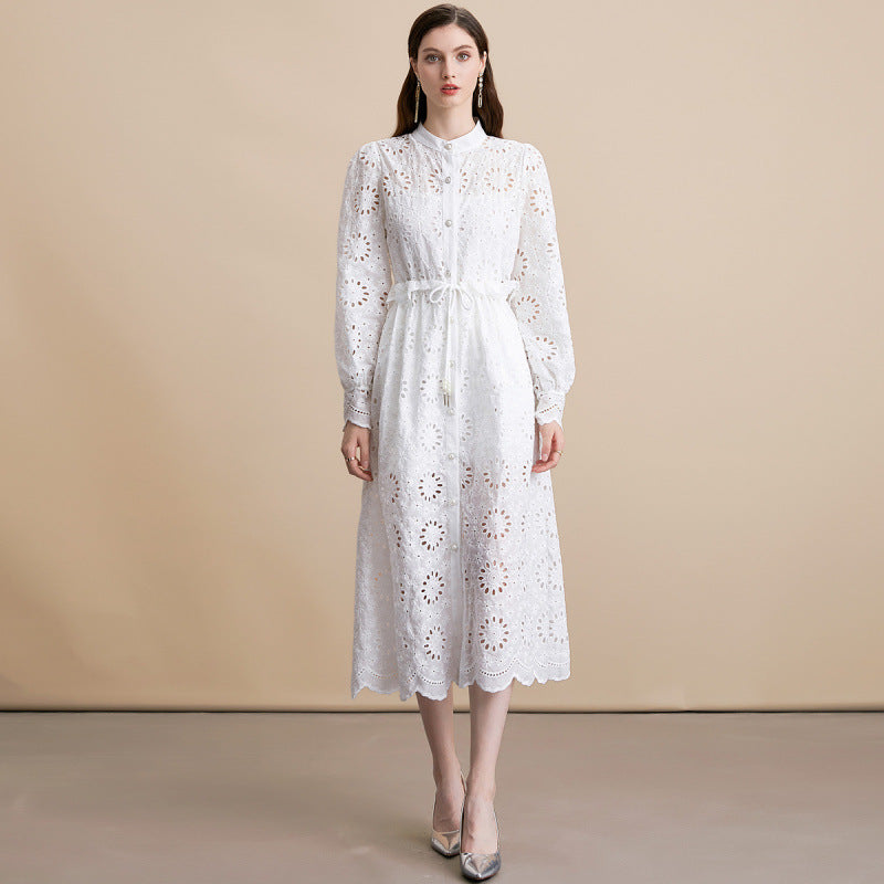 White Lace Hollow-Out Dress Set