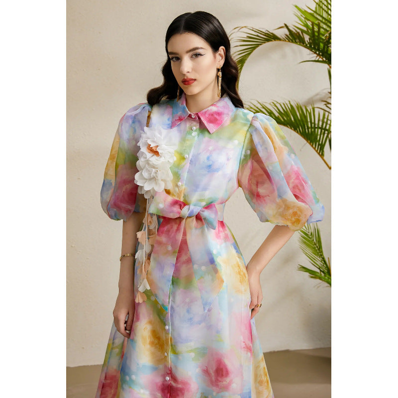 3D Floral Puff Sleeve Maxi Dress
