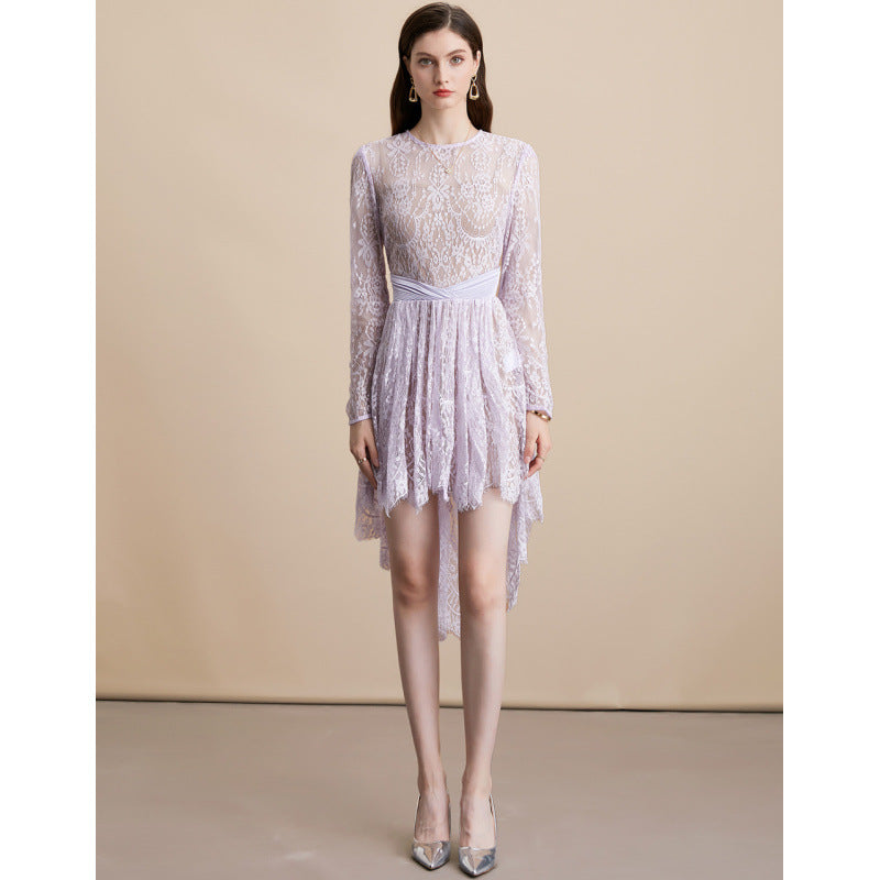 Sheer Lace Irregular Hem Dress