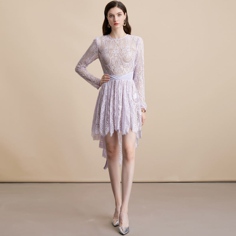 Sheer Lace Irregular Hem Dress