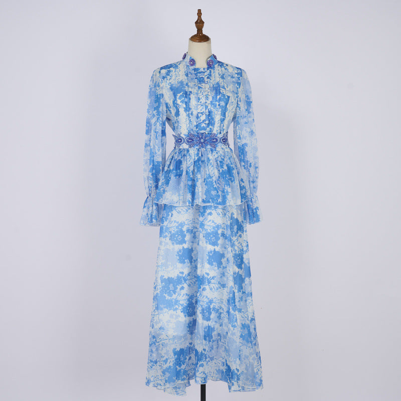 Embroidered Button Waist Maxi Dress