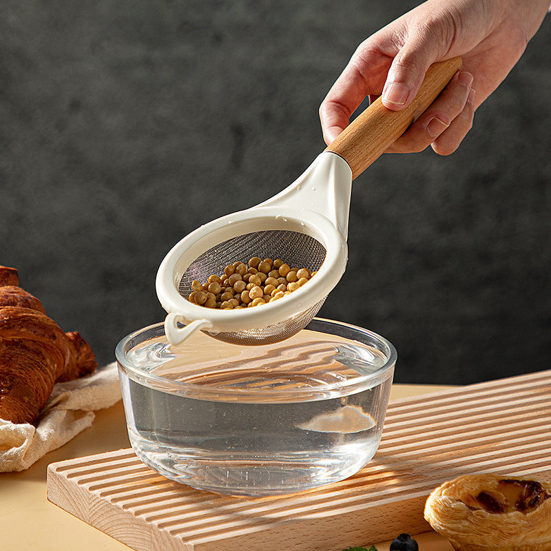 Stainless Steel Colander, Kitchen Baking Flour Sieve, Noodle Strainer, Fine Mesh Filter Spoon with Wooden Handle, Wholesale Kitchen Strainer Tools.