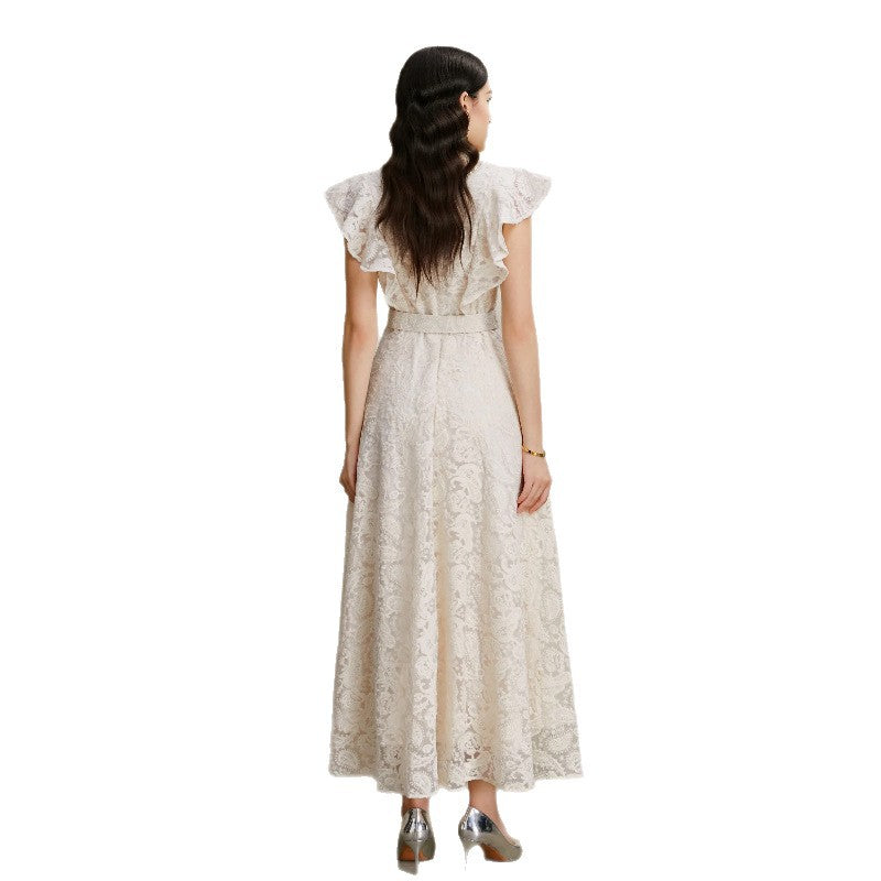 Beaded V-Neck Flutter Sleeve Maxi Dress