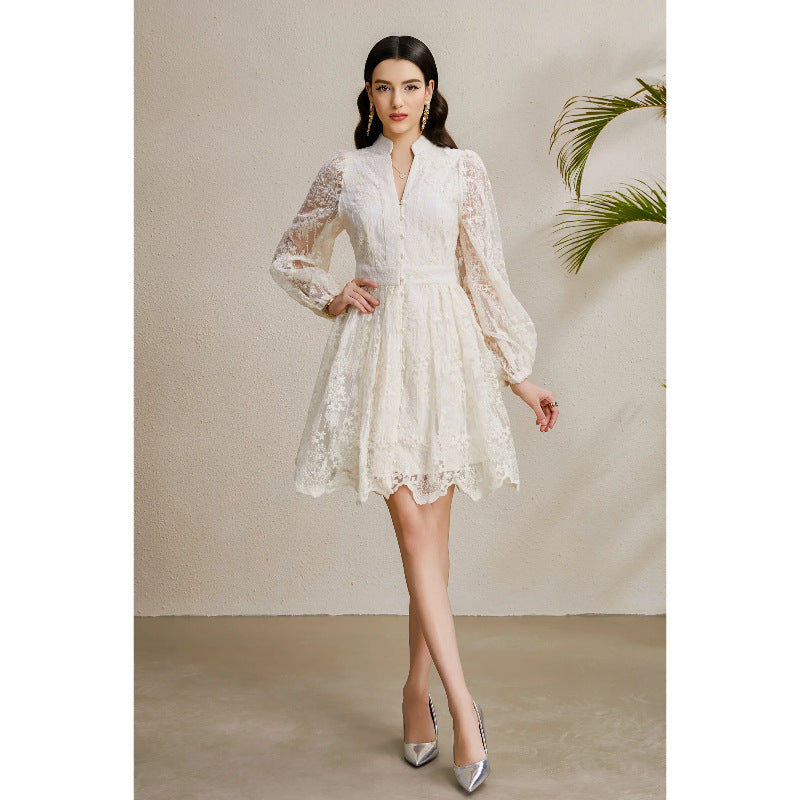 Embroidered V-Neck Lantern Sleeve Dress