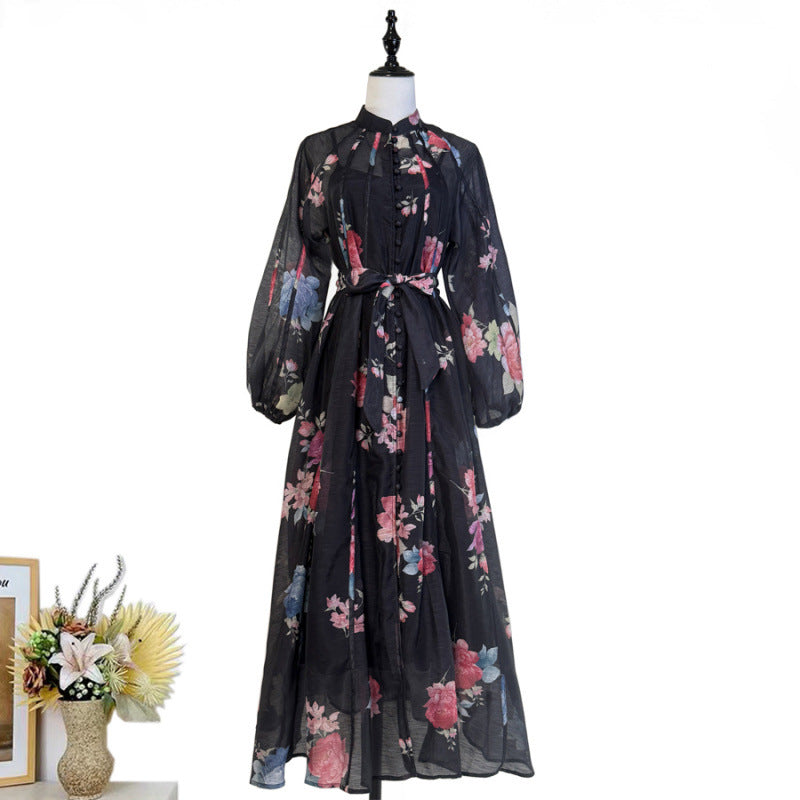 French Floral Stand Collar Dress