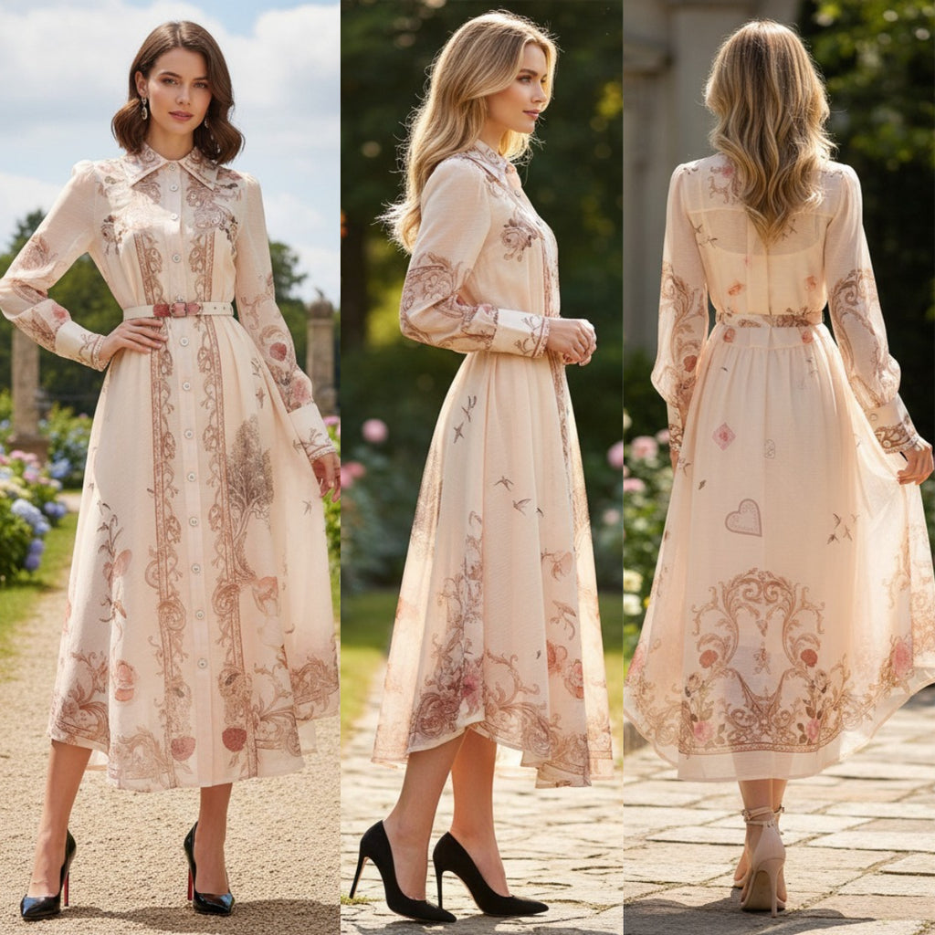 Map Print Belted Maxi Dress