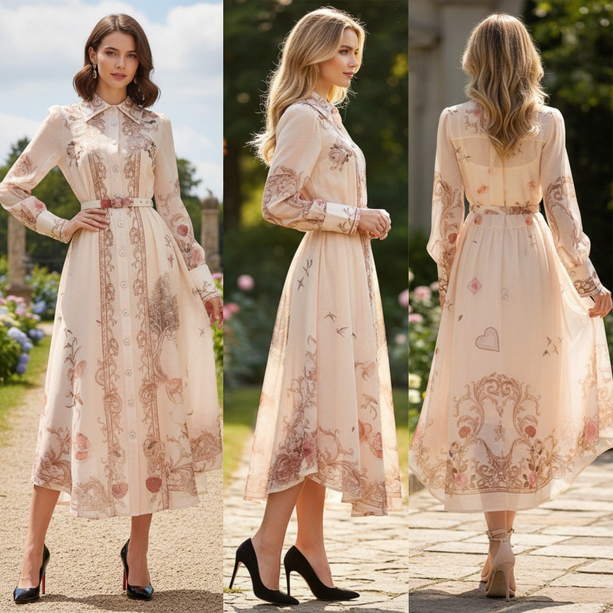 Map Print Belted Maxi Dress
