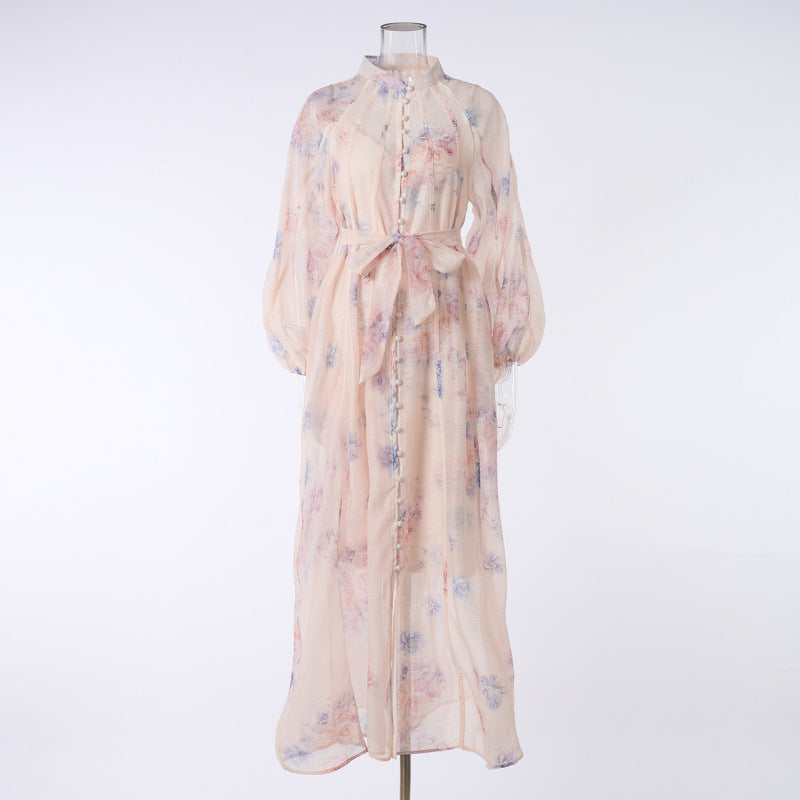 Sheer Floral Belted Maxi Dress