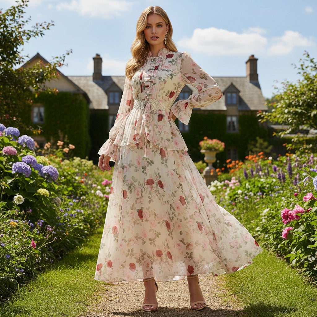 Embroidered Button Waist Maxi Dress
