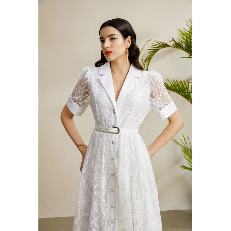 Embroidered Lapel Lantern Sleeve Dress