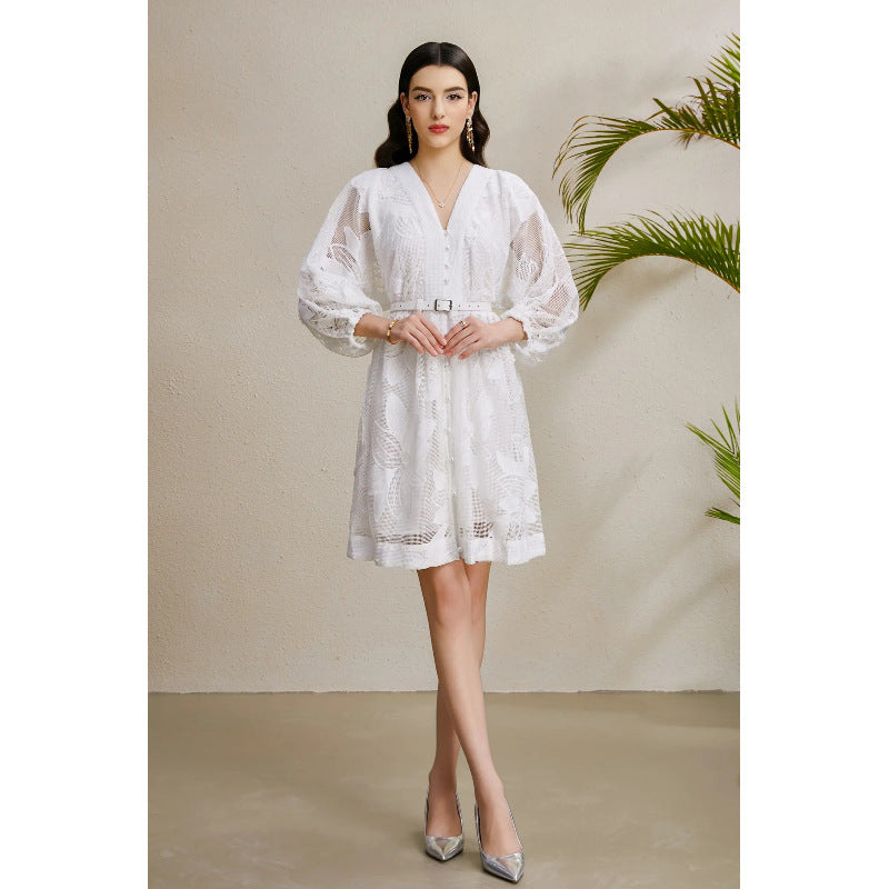 3D Floral Lace Puff Sleeve Mini Dress