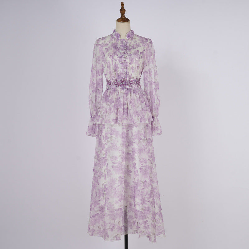 Embroidered Button Waist Maxi Dress