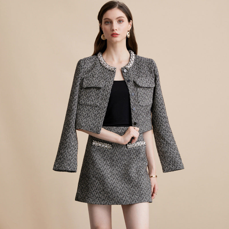 Grey Tweed Jacket Skirt Set