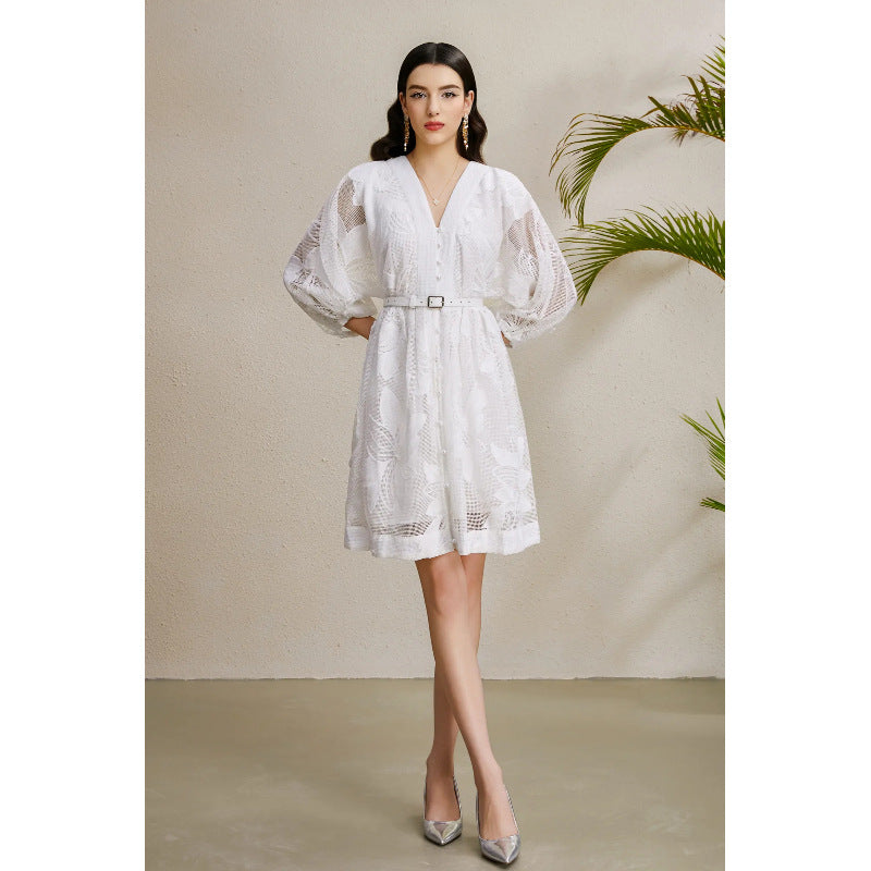 3D Floral Lace Puff Sleeve Mini Dress
