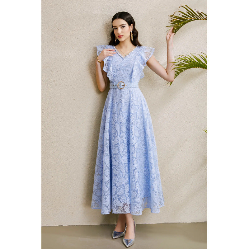 Beaded V-Neck Flutter Sleeve Maxi Dress