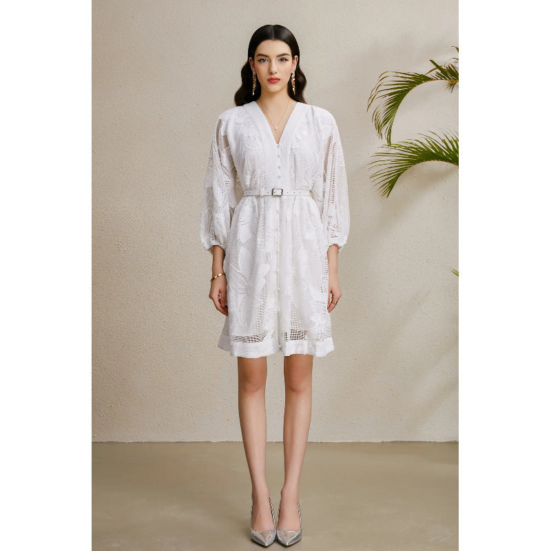 3D Floral Lace Puff Sleeve Mini Dress