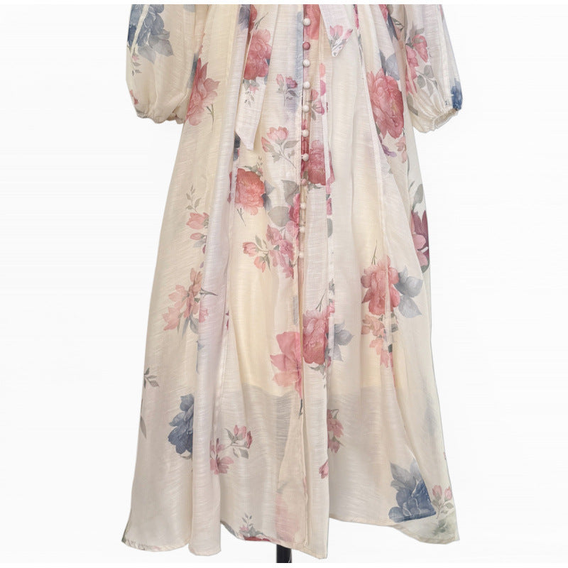 French Floral Stand Collar Dress